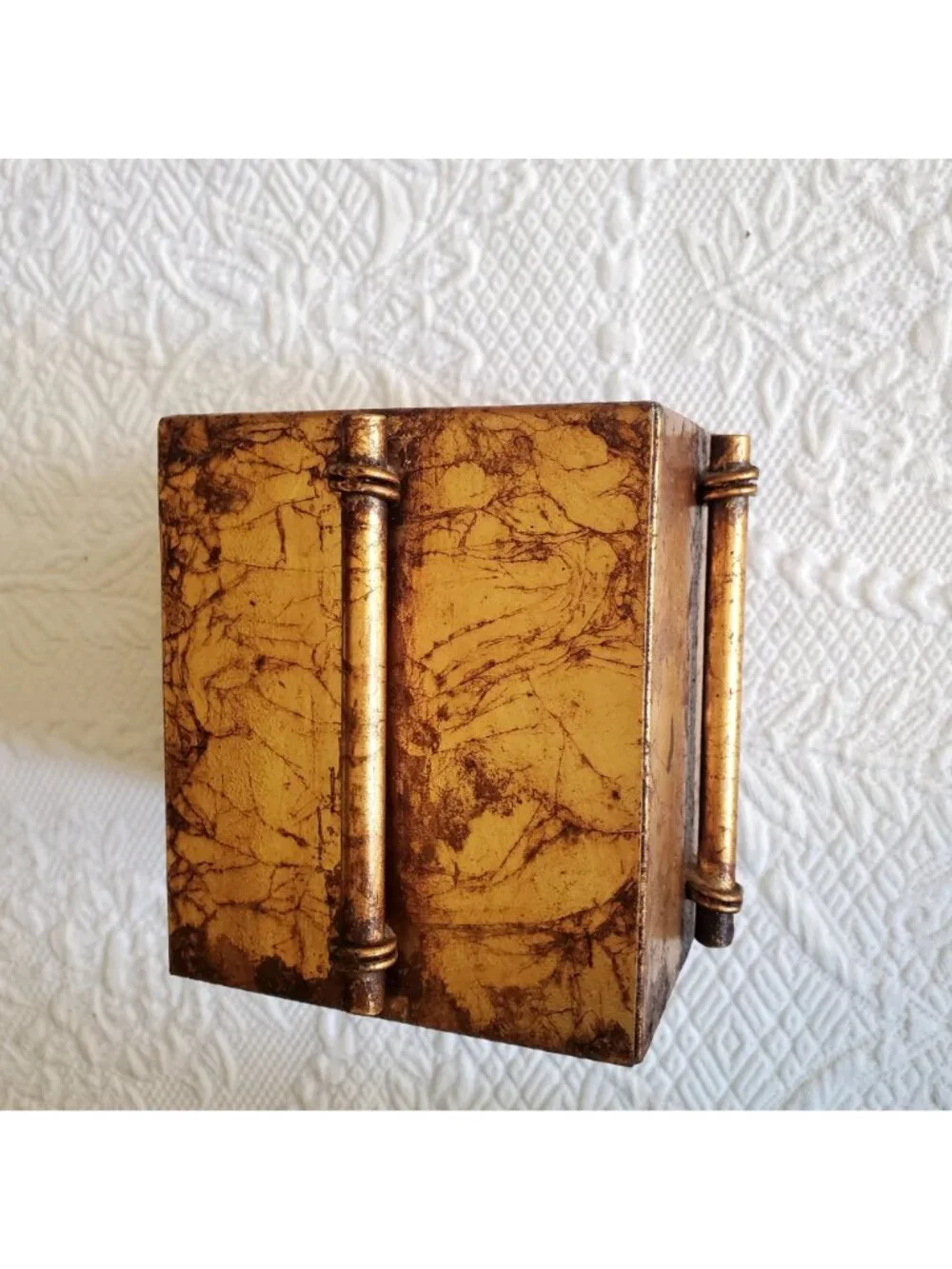 Vtg Tissue Box Cover MCM Brutalist Antique Gold Hollywood Regency Bath Vanity